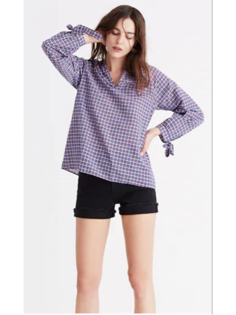 Madewell Tie-Sleeve Popover Top Linen Blend in Whitby Plaid Size Large